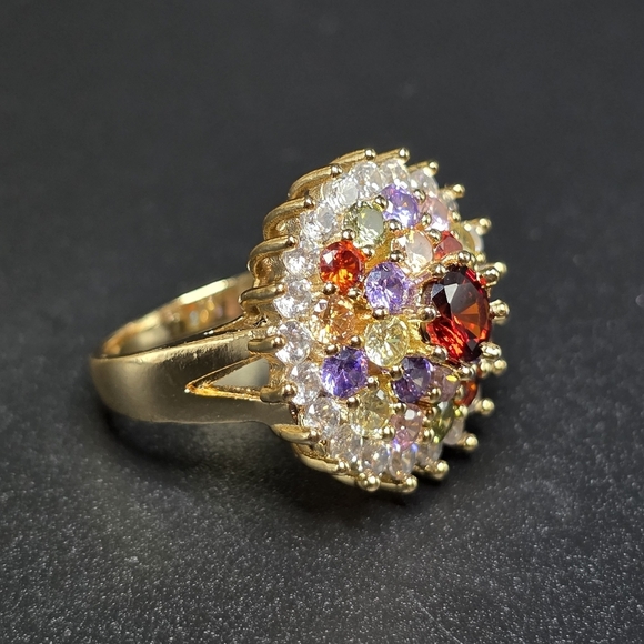 💛💗💜💚💙 Gold-Filled Multicolor Cluster Statement Ring – Size 7 - Picture 1 of 5